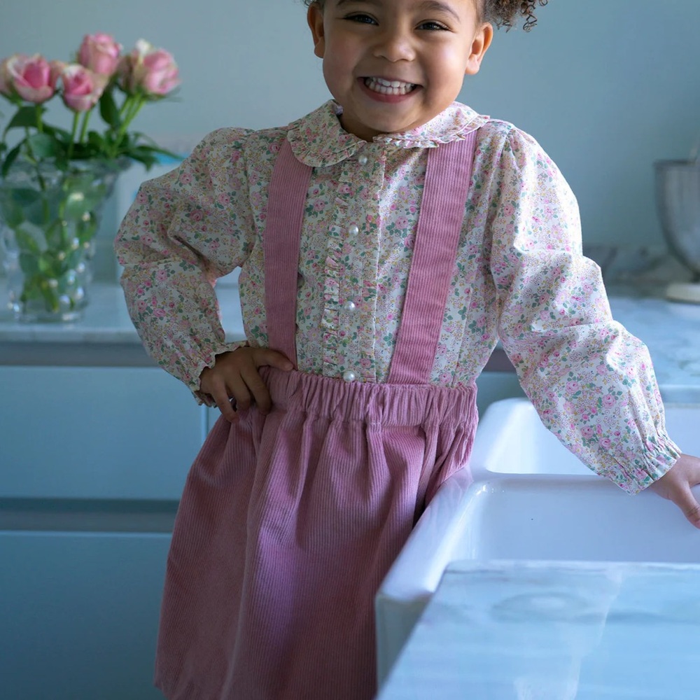 Rachel Riley Pink Floral Kids Dress with Suspenders blouse & cord pinafore set - Picture 5 of 6